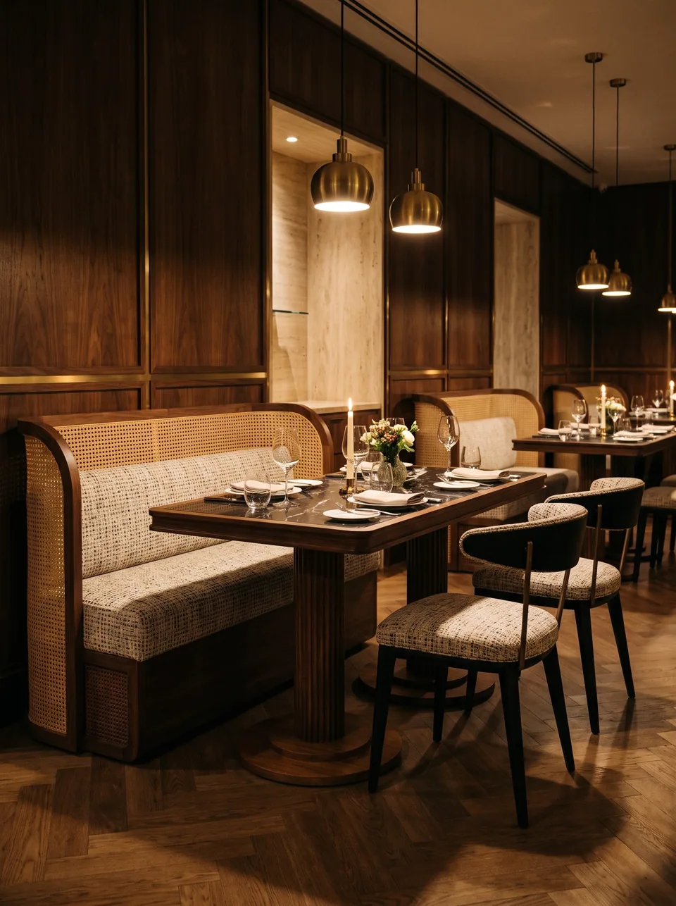 SB-168 Cane-Shell Walnut Banquette