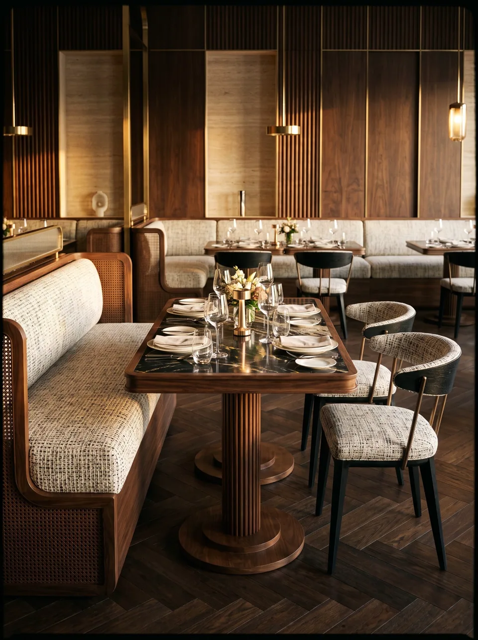 SB-168 Cane-Shell Walnut Banquette view 2