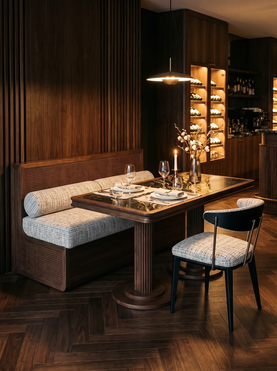 SB-168 Cane-Shell Walnut Banquette view 4